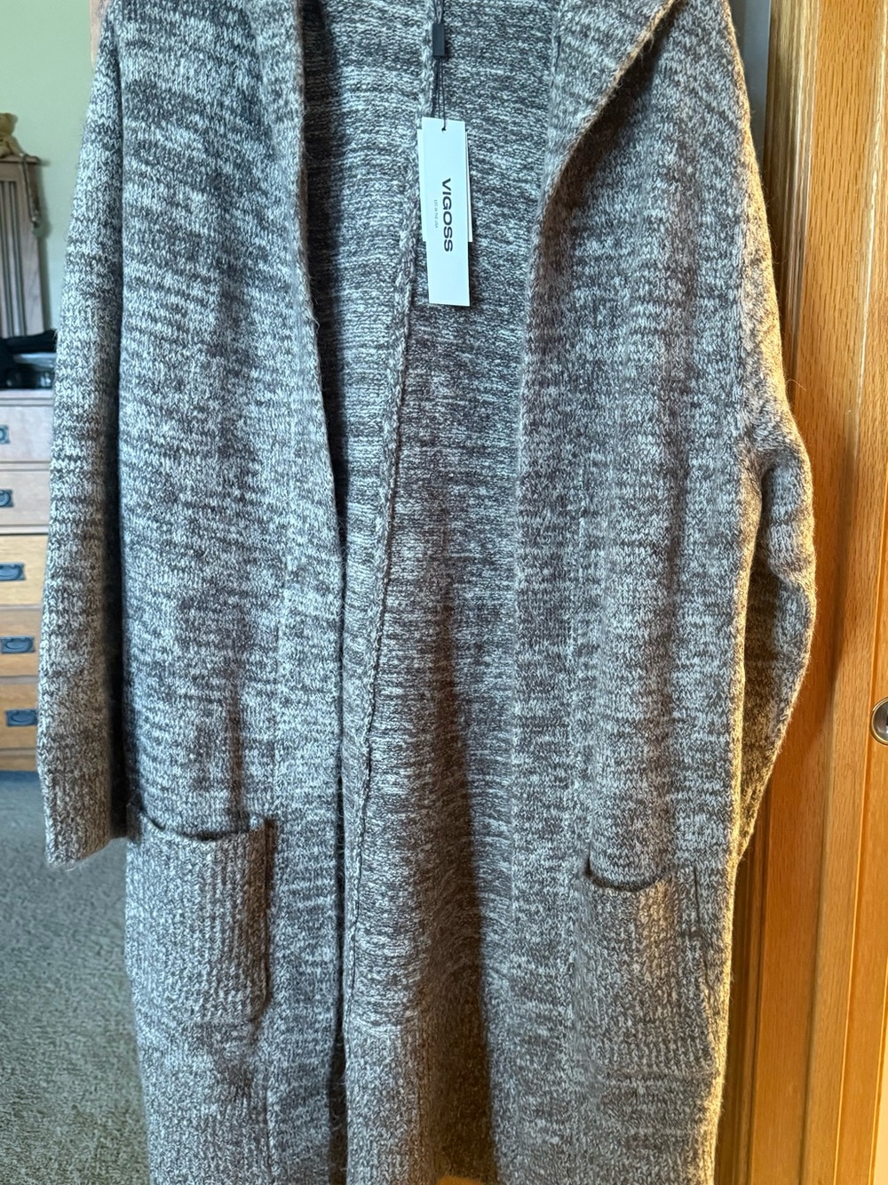 Vigoss Marled Hooded Open-Front Cardigan in Brown/Gray